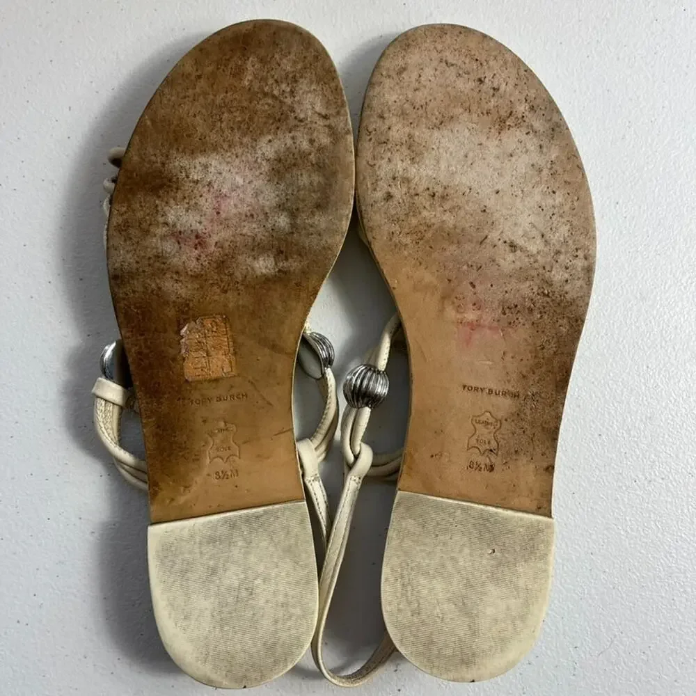 Tory Burch Sandals Women's 8.5 M Capri Multi Strap Ivory Leather Silver Charms